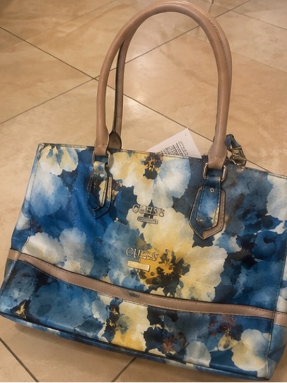 GUESS Abstract Print Satchel Handbag | Blue & Yellow | Shoulder Bag
